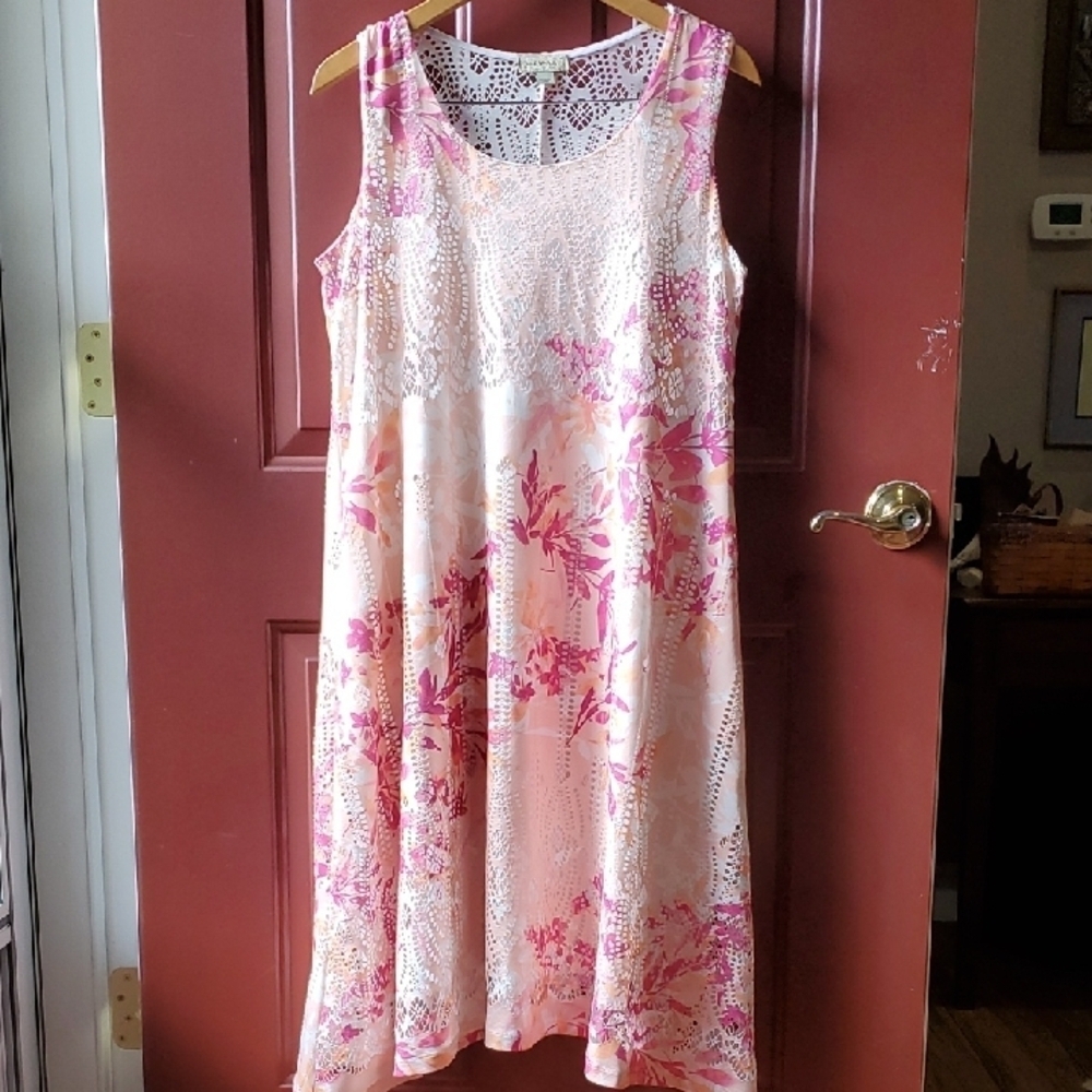 ONE WORLD Cream and Pink Floral Lace Midi Dress